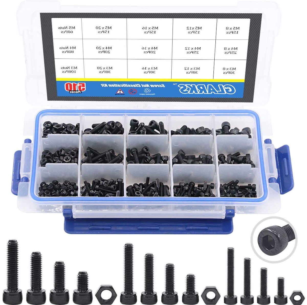 510 Stuks M3 M4 M5 12.9 Grade Legering Stalen Socket Cap Bouten en Moeren Assortiment Kit met Zwarte Oxide Afwerking