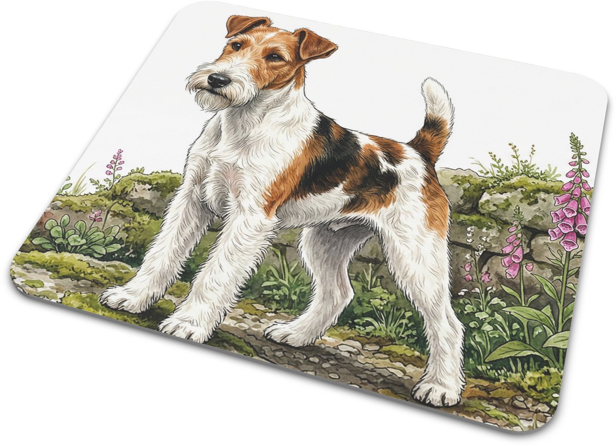 Muismat Foxterriër illustratie in aquarel stijl - Uit de Honden Serie - Decoratieve bureau onderlegger met schattige hond, stenen muur en roze bloemen - Sfeervol cadeau voor hondenliefhebber of fijne toevoeging aan je eigen kantoor - 22x20 cm