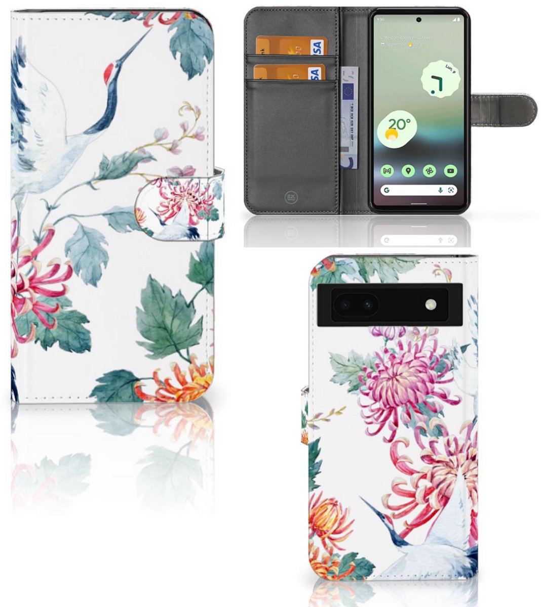 Book Case voor Google Pixel 6A Telefoonhoesje met Pasjes Bird Flowers