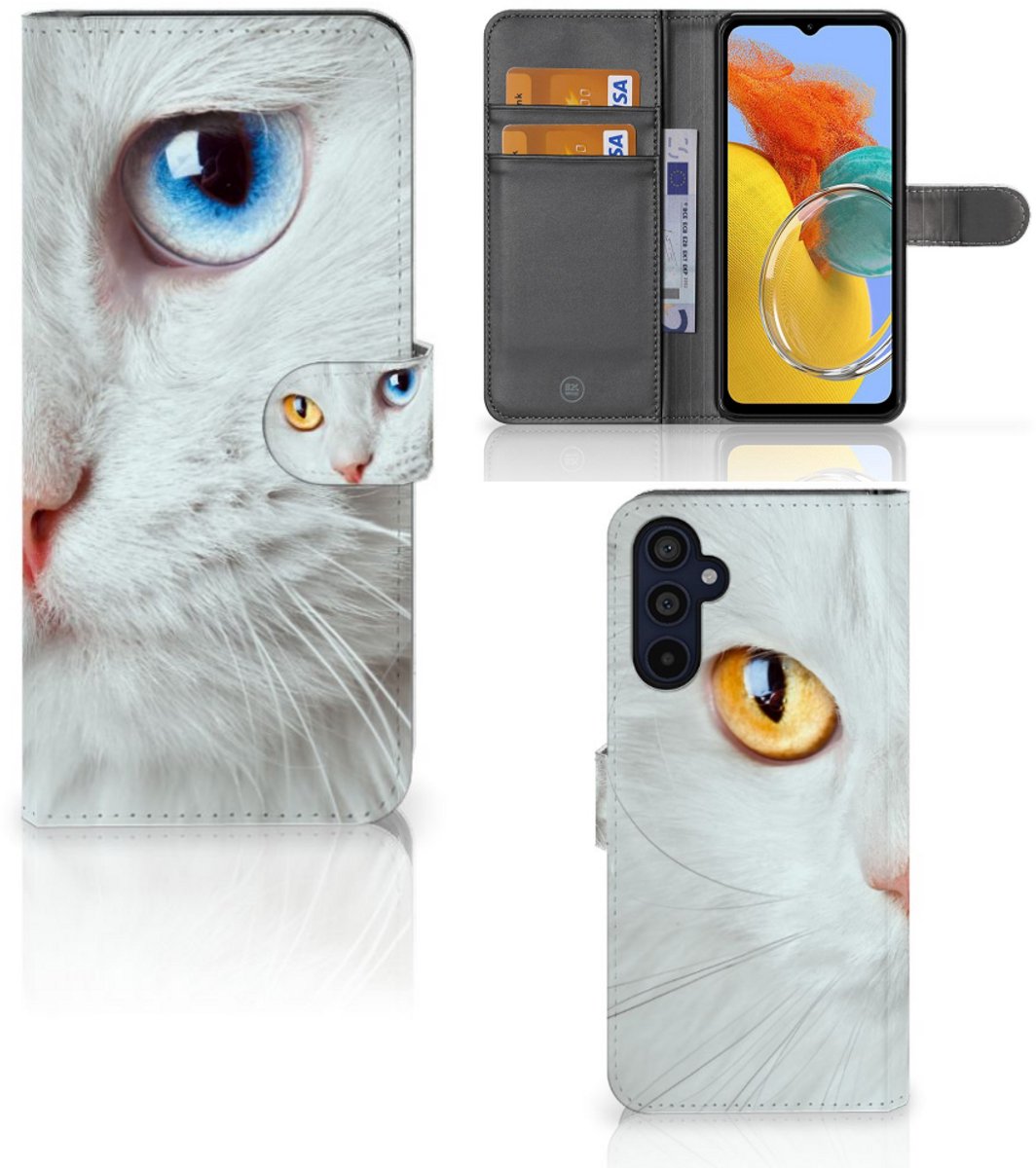 Samsung Galaxy M14 Telefoonhoesje met Pasjes Witte Kat