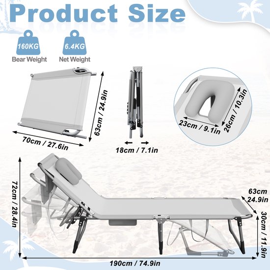 Opvouwbare Ligstoel 190 cm - Lichtgrijs - Verstelbare Strandstoel met Kussen - 160 kg Belastbaar - Zonneligbed voor Tuin, Strand & Camping - 600D Oxford — afbeelding 4