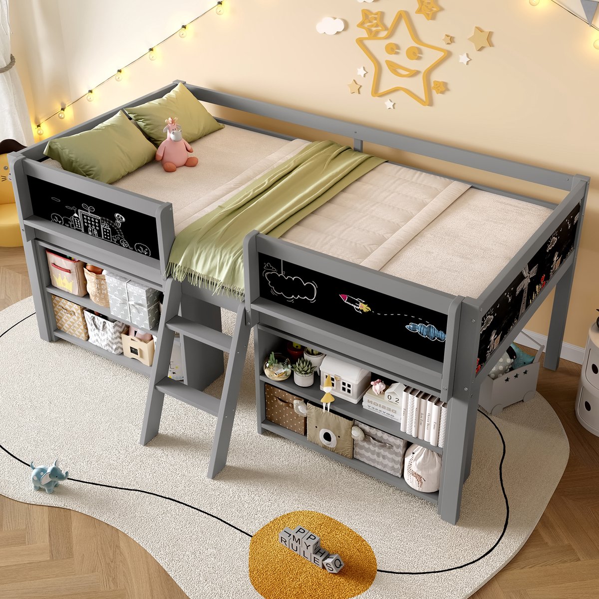 Halfhoogslaper 90x200 cm - met opbergplank - leuning - ladder - zonder matras - minimalistische stijl - grijs
