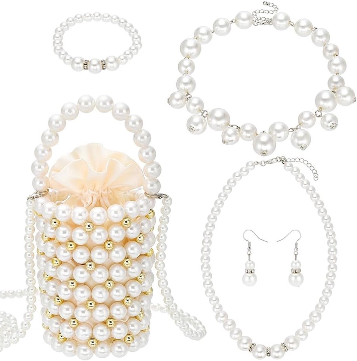 6-delige sieradenset met kunstparels voor vrouwen, inclusief ketting, oorbellen, armband en avondtas voor bruiloften, verjaardagen en feestelijke gelegenheden