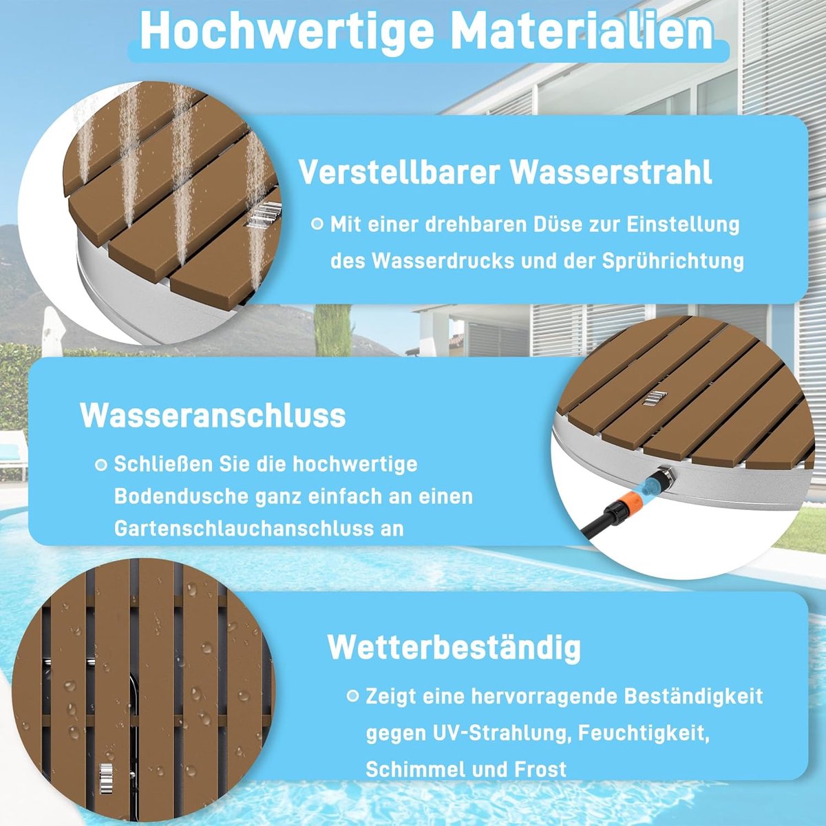 AufuN tuindouche buitendouche gemaakt van WPC/Aluminium, mobiele douche op de vloer, camping douche met anti-slip basis, sauna douche voor camping, tuin, zwembad douche (rond, bruin) thumbnail 4