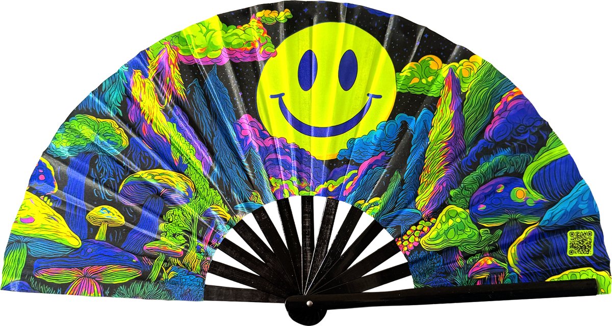 XXL festival waaier - Handwaaier - Spaanse waaier - Glow in the Dark - UV / Blacklight - Glowing effect - 62 x 32 cm - Bamboe - Forest trip