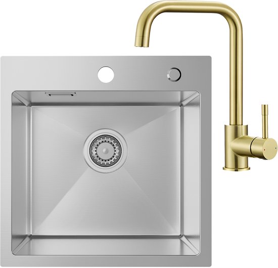 Gouden gootsteen waterval, gootsteen regen waterval gootsteen huishoudelijke gootsteen, met uittrekbare kraan, snijplank, bekerring (kleur: goud, maat: 68 x 46 cm