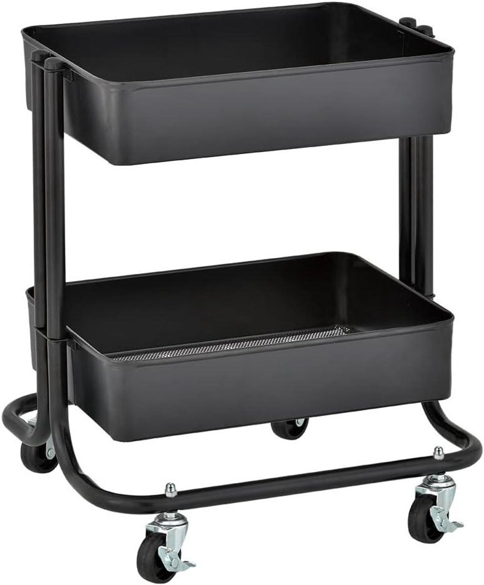 Metalen Rolkar - Mobiele Organizer - Opbergen Thuis Kantoor - Twee Gaasmand Schappen - 51 cm Hoog - Zwart