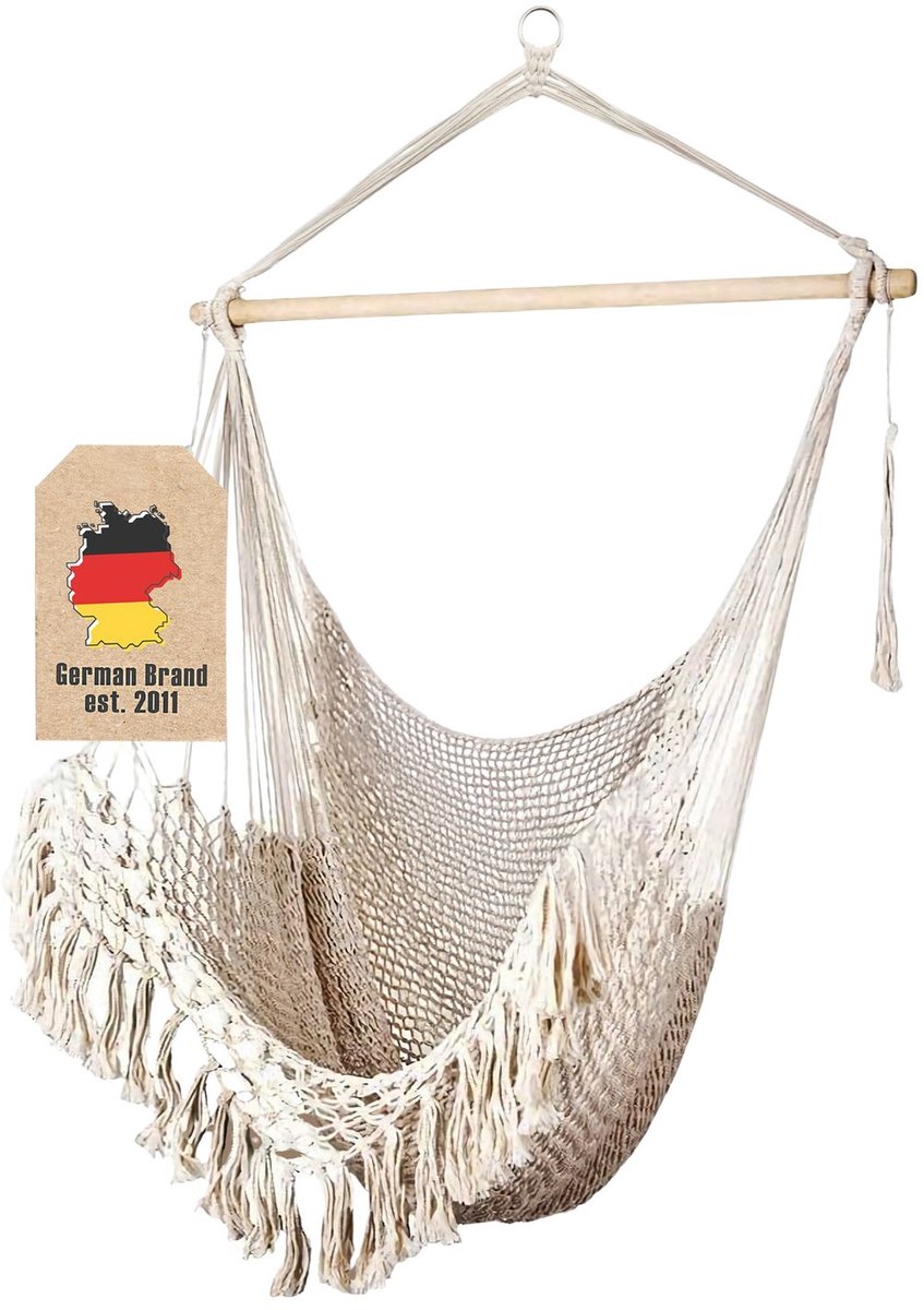 Intirilife Macrame katoenen hangstoel in beige met gefranjerde rand - Comfortabel, ruimtebesparend en ademend zitmeubel voor volwassenen en kinderen binnen en buiten