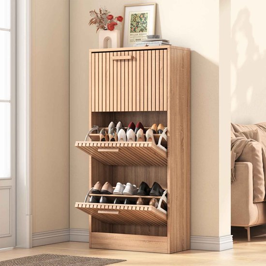 Casa Living Schoenenkast - Schoenenrek - Opbergkast - Kast - 60x24x113cm - Hout - Rotan - Anti kantel - Japandi - Eikenhout