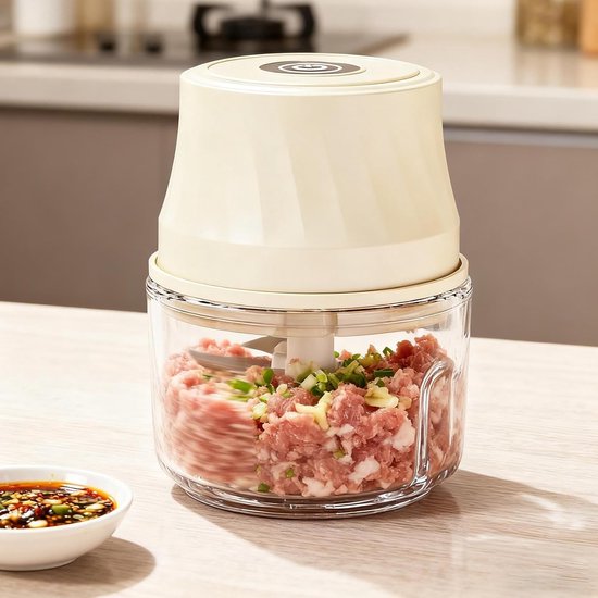 Elektrische Keukenmachine - Mini Hakmachine Voedsel - Snel Ingrediënten Snijden - Eenknopsbediening Draadloos - 350ml - Crèmekleurig — afbeelding 4