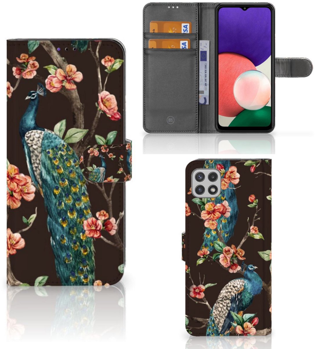 Samsung Galaxy A22 5G Telefoonhoesje met Pasjes Pauw met Bloemen