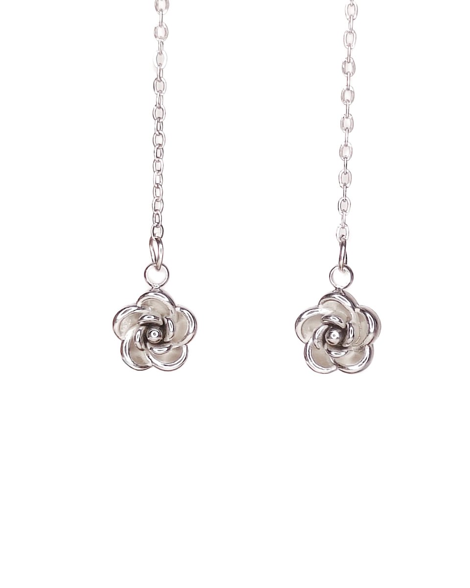 Ava & Imber | Tiny Rosula Threader Oorbellen Zilver | Zilveren doortrekoorbellen met roosje | subtiele damesoorbellen met cadeauverpakking