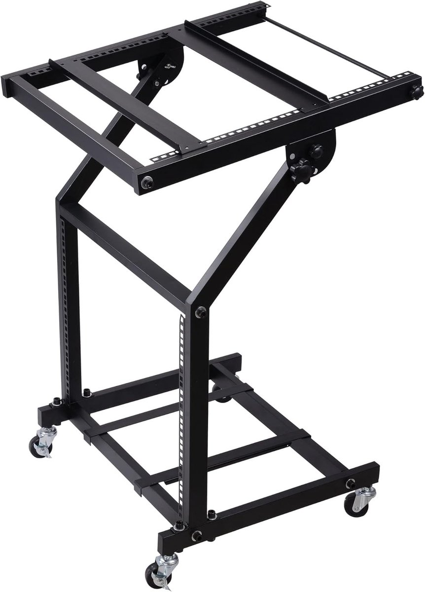DJ Mixer Stand - Muziekmeubel Verrijdbaar - Studio Podium Gebruik - Verstelbaar Hoekplatform - 9U met Dwarsbalk