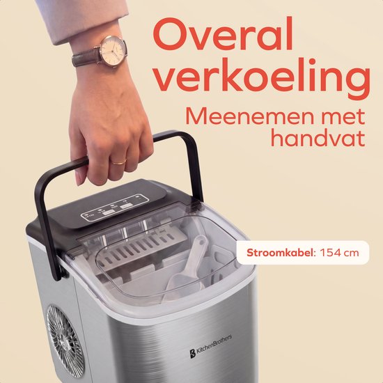 KitchenBrothers IJsblokjesmachine - 1.2L - IJsblokjesmaker - IJsschep - 12kg/24 uur - Draagbaar - Zelfreinigingsfunctie - RVS van KitchenBrothers — afbeelding 4