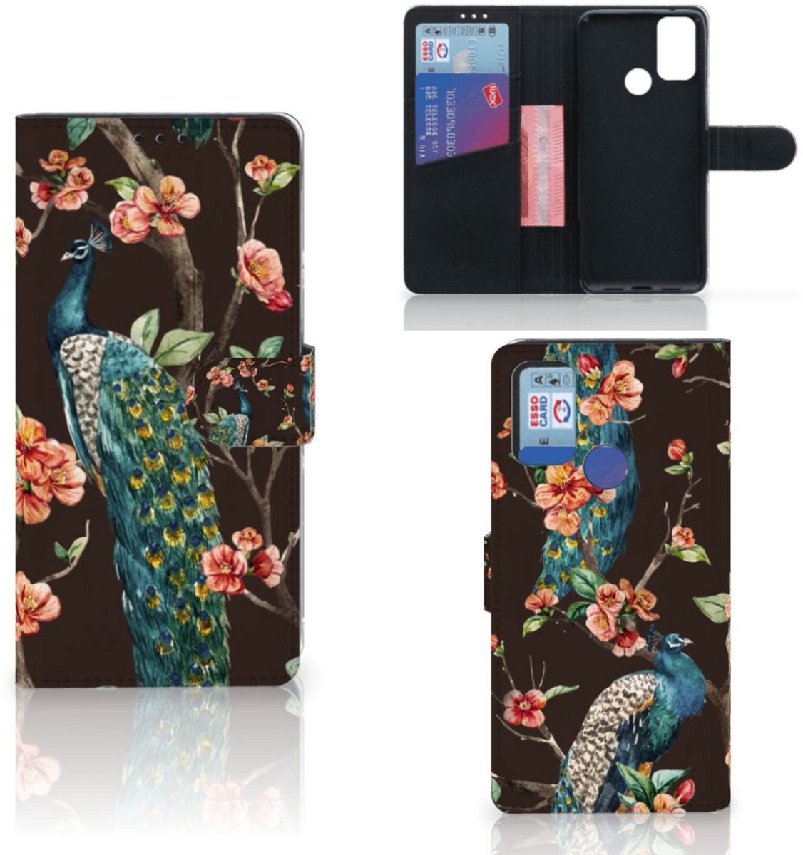 Alcatel 1S (2021) Telefoonhoesje met Pasjes Pauw met Bloemen