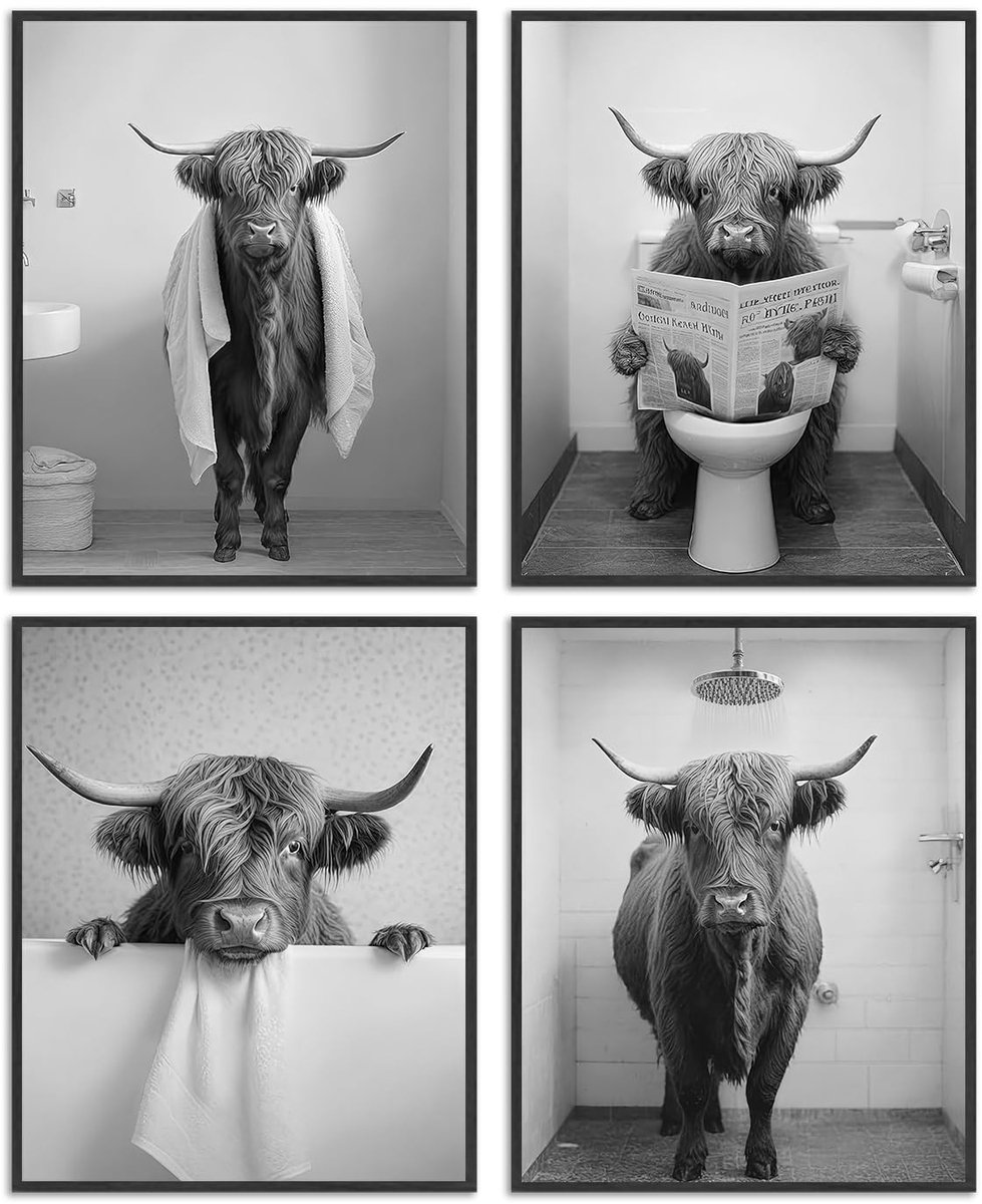 Dailygoody - Highland Cow Wall Art - Grappige Koe Afdrukken - Rustiek Decor - 8x10 inch - Perfect voor Badkamer en Huis - Set van 4