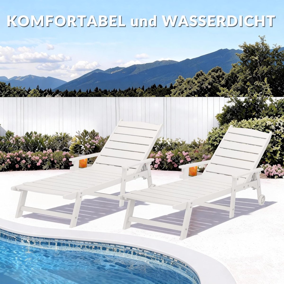Ligstoel met wielen 194x62x95 cm – 5-voudig verstelbare rugleuning, inklapbaar zijtafeltje, weerbestendig HIPS materiaal, luxe tuin ligbed voor zwembad, terras en strand – 2 stuks wit – Nicolehome