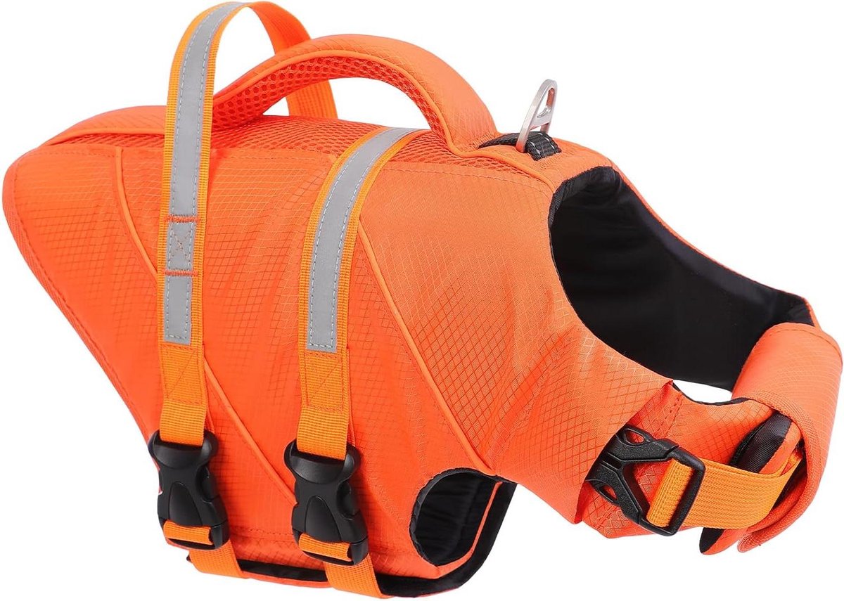 Honden Reddingsvest - Honden zwemvest Veiligheidsvest - Veiligheid in water - Dubbele RVS ringen - XL:66-85cm Borstomvang - Oranje Groen