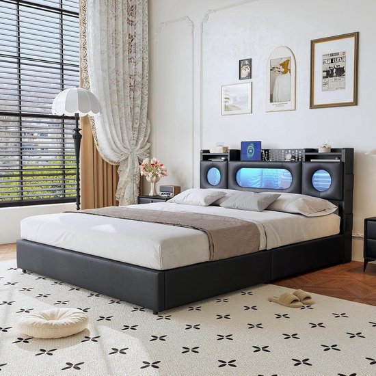 Boxspringbed - Tweepersoonsbed Gestoffeerd - Slaapkamer Opruimen - Geïntegreerde Opbergruimte - 160x200 cm - Zwart