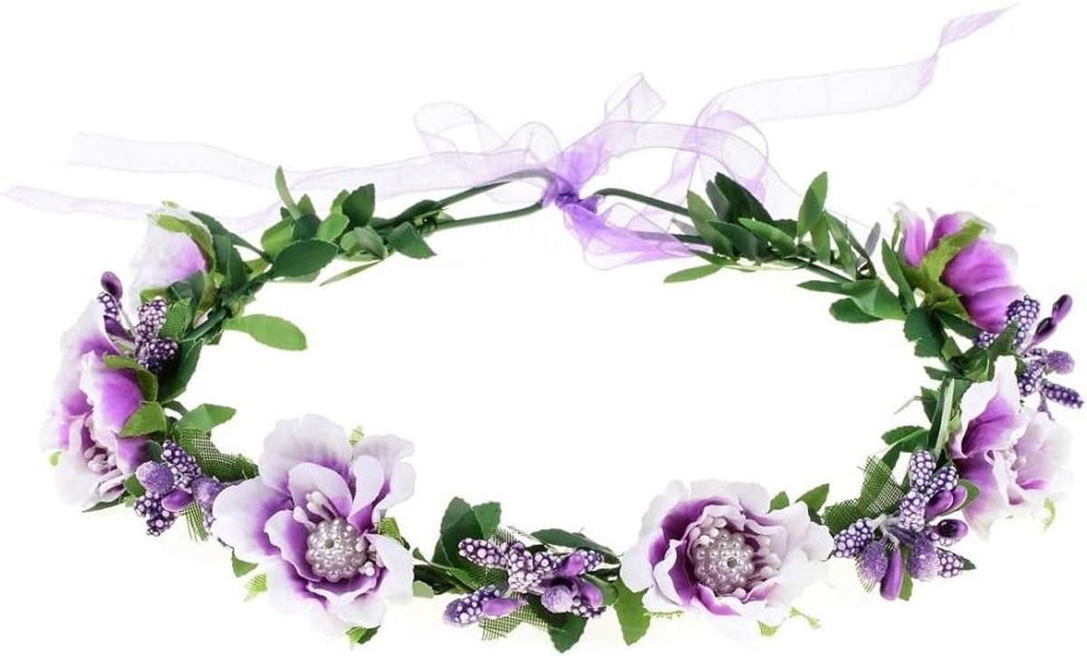 Bloemenkrans Bruiloft - Bloemen kroon haar - Feestelijke aankleding - Verstelbaar lint - One size - Paars
