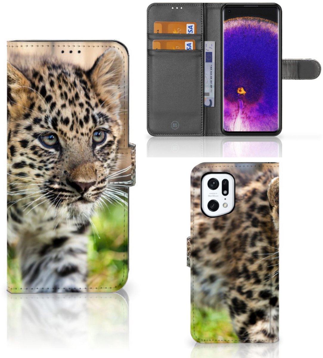 OPPO Find X5 Pro Telefoonhoesje met Pasjes Baby Luipaard