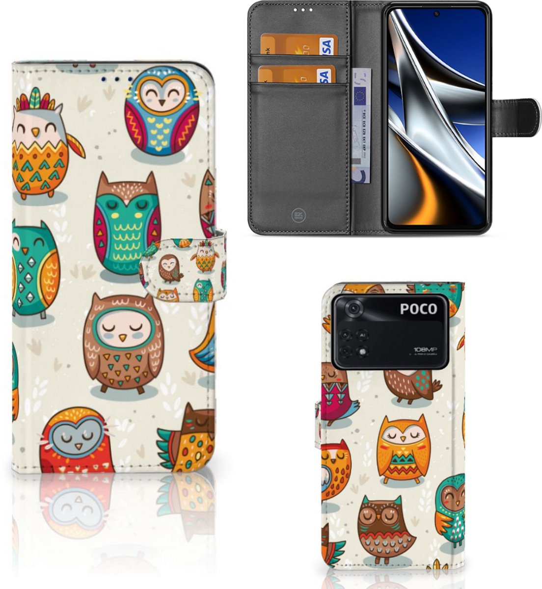 Xiaomi Poco X4 Pro 5G Telefoonhoesje met Pasjes Vrolijke Uilen