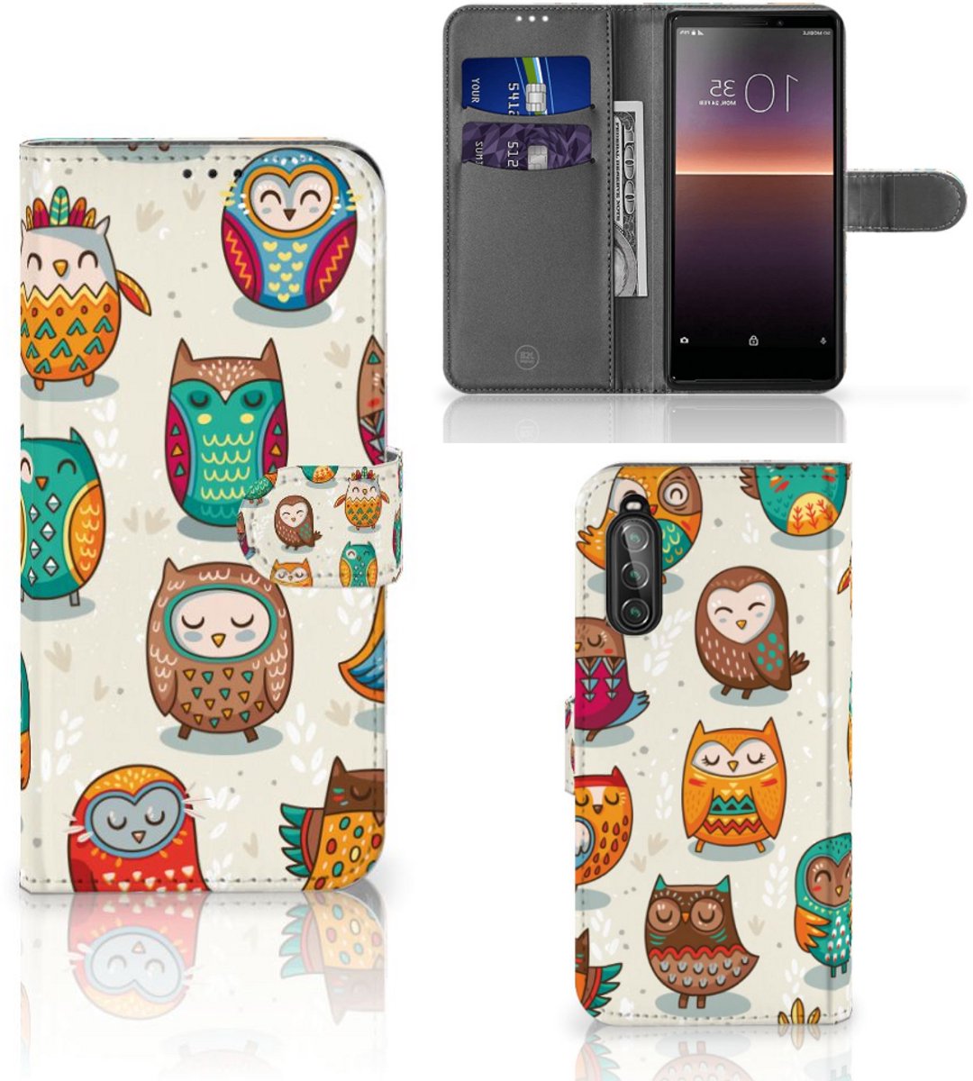 Sony Xperia 10 II Telefoonhoesje met Pasjes Vrolijke Uilen