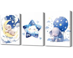 Homewish Leuke olifant canvas foto's kinderkamer wanddecoratie, blauwe slaperige olifanten ingelijste muurkunst cartoon dier baby jongen kunstwerk aquarel dromerige posters prints voor kinderkamer, 40