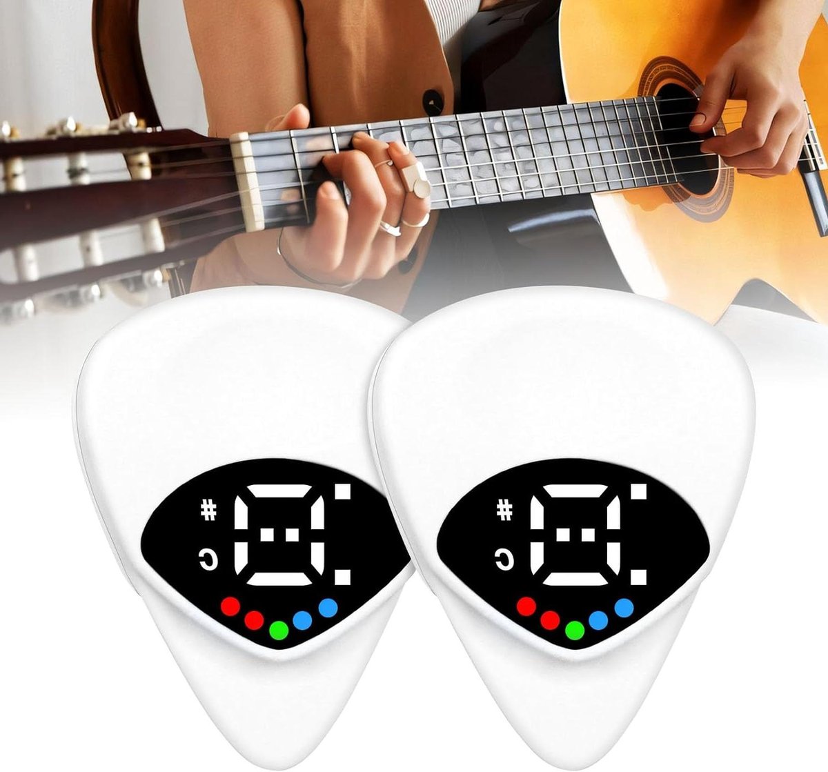 Gitaartuner Plectrum Combo - Stemapparaat Pick - Muziek Maken - 2-in-1 Functie - 2 Stuks - Wit