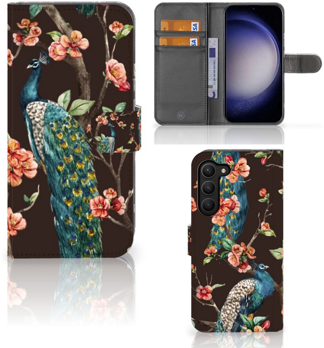 Samsung Galaxy S23 Plus Telefoonhoesje met Pasjes Pauw met Bloemen