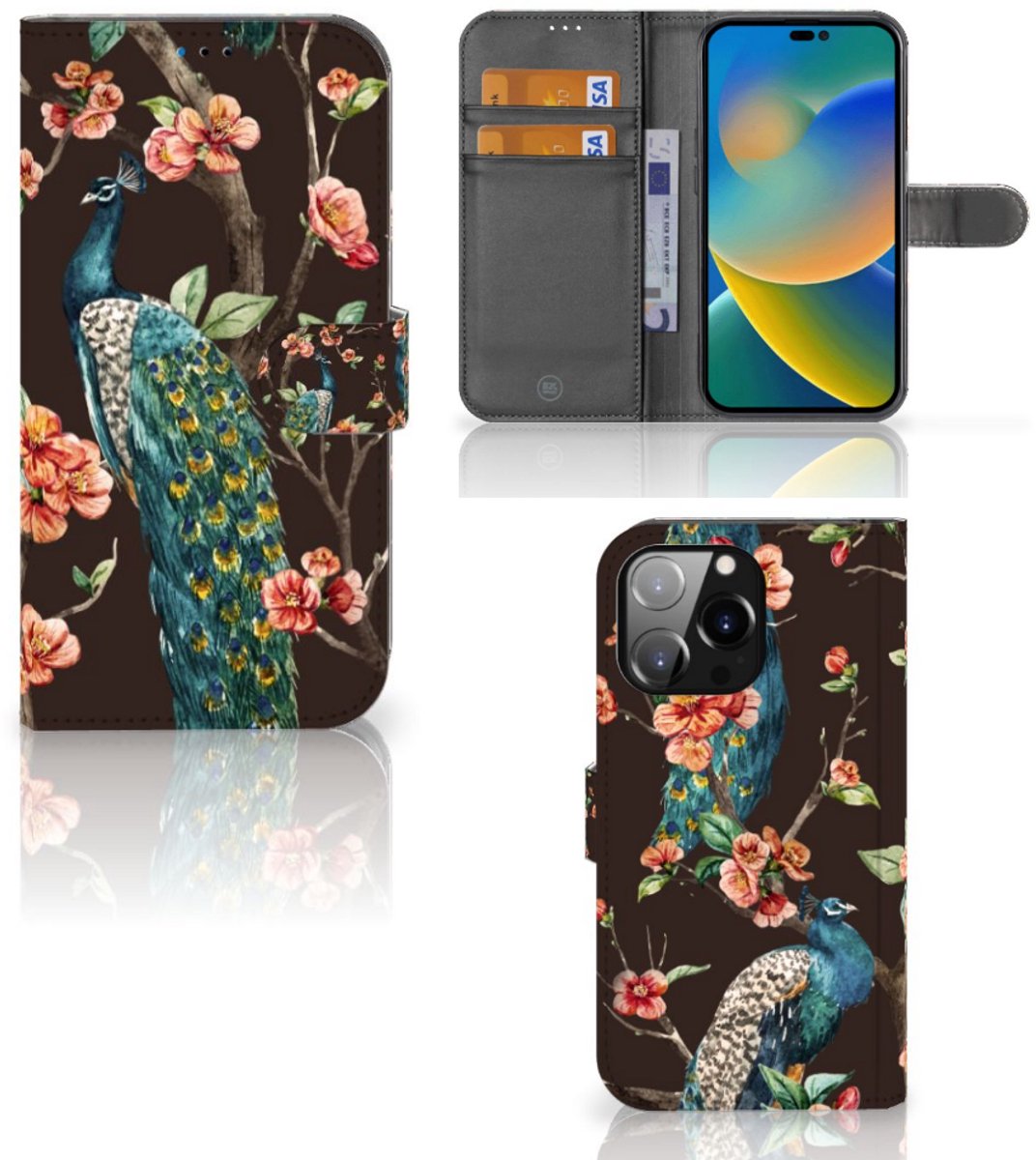 iPhone 14 Pro Max Telefoonhoesje met Pasjes Pauw met Bloemen