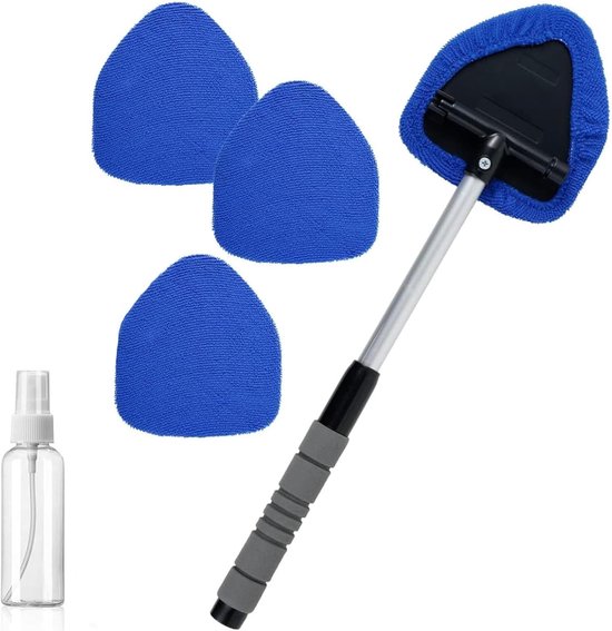 Set van blauwe auto-ruitenwisser met uitschuifbare steel, drie vervangende blauwe poetsdoekjes en een spuitfles.
