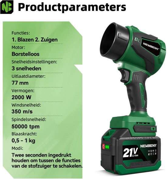 NewBeny Accu Bladblazer / Stofzuiger - 350 m/s Borstelloze Bladblazer - 2-in-1 Stofblazer - met 2x 4.5Ah Accu’s - voor dierenharen, tapijt thuis, bladeren, sneeuw en stof van Merkloos	 — afbeelding 3