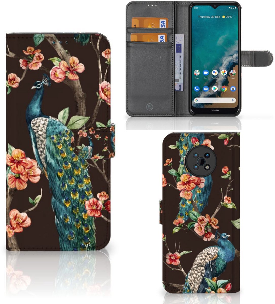 Nokia G50 Telefoonhoesje met Pasjes Pauw met Bloemen