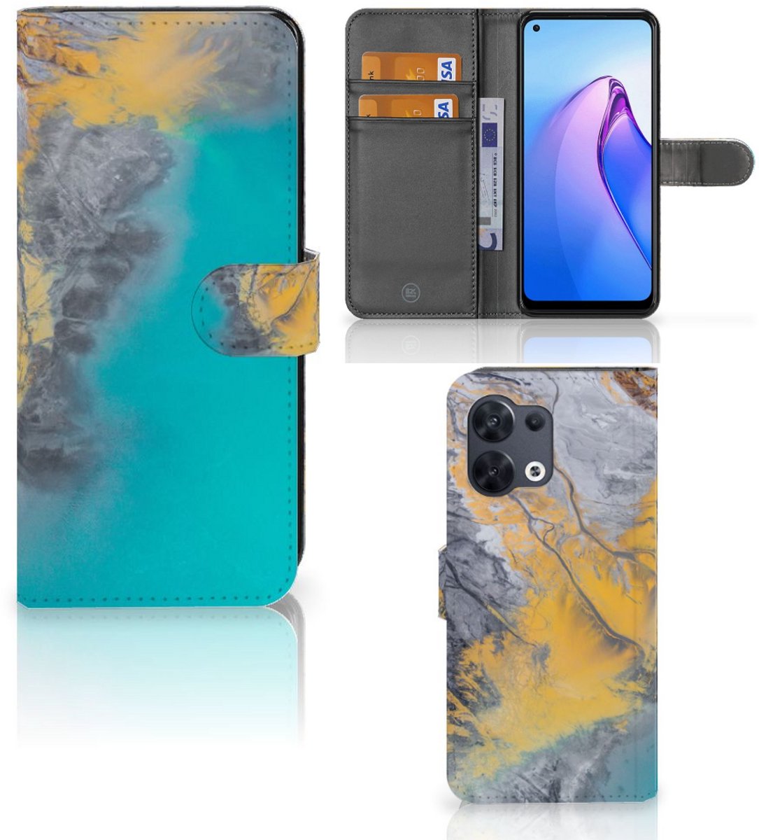 OPPO Reno8 Bookcase Marble Blue Gold