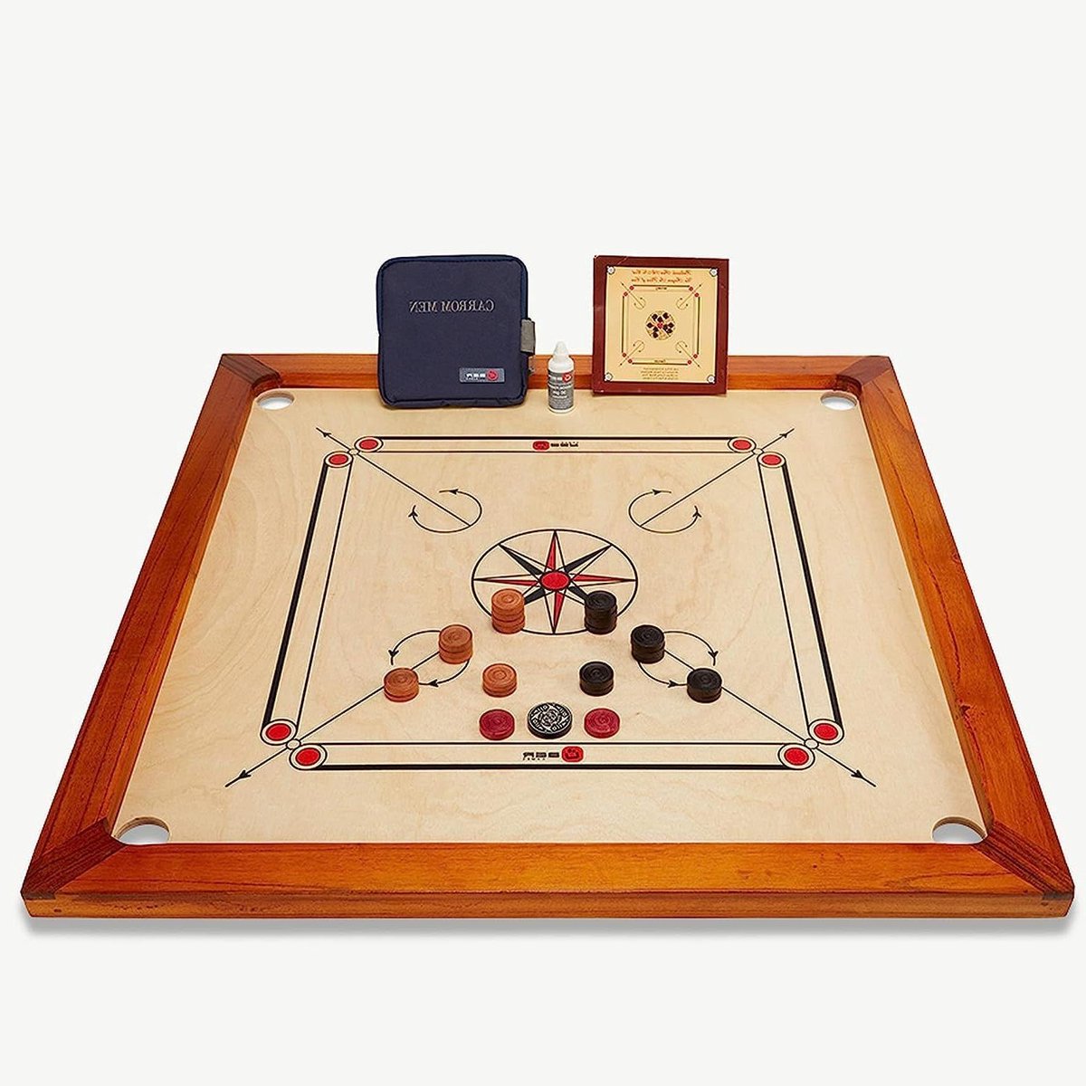 Carrom Board Set officiële afmetingen 7 kg - 74 cm x 74 cm interne speelruimte - India hardhout kwaliteit - complete set met officiële schijven (borrd klaar om te spelen)