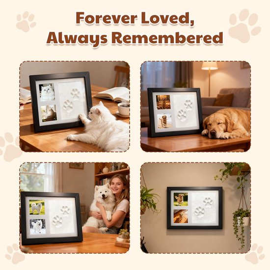 Fotolijst met pootafdrukken van hond en kat, gemaakt van klei, set met voetafdrukken voor baby's van 0-6 maanden, pootafdrukken van kat en hond, cadeaus om op te hangen of neer te zetten, zwart van Merkloos — afbeelding 2