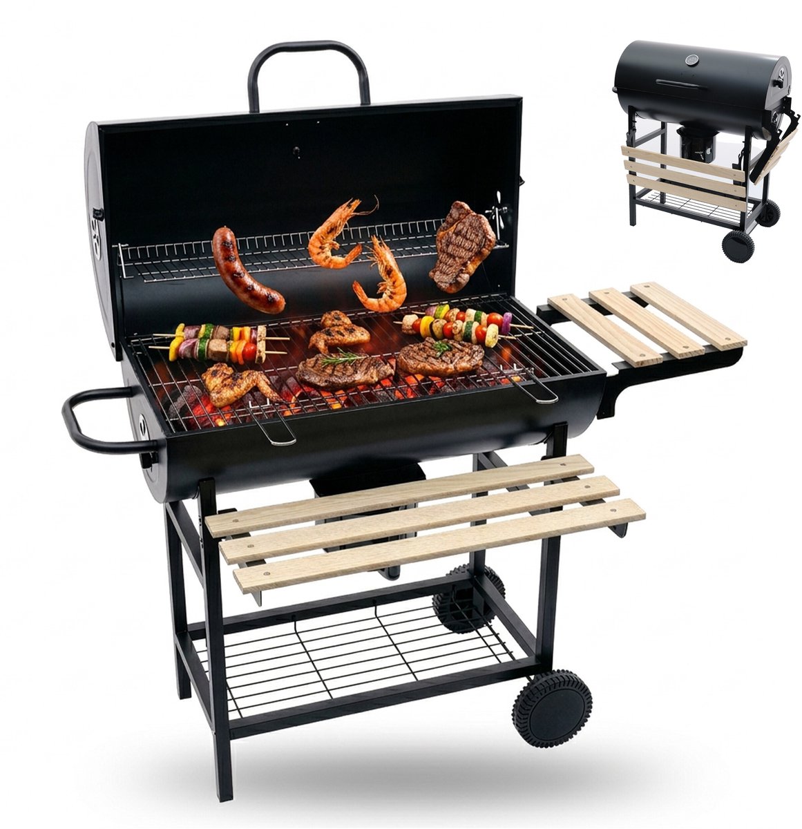 houtskoolgrill - zwart/naturel - 114,5x95x69 cm - metaal - met deksel
