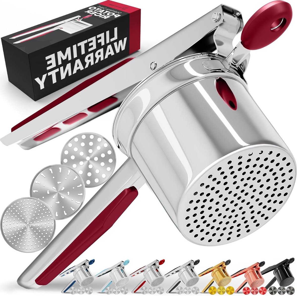 Aardappelpers - Pureepers Koken - Aardappelpuree Maken - 3 Verwisselbare Schijven - 15 oz - Rood