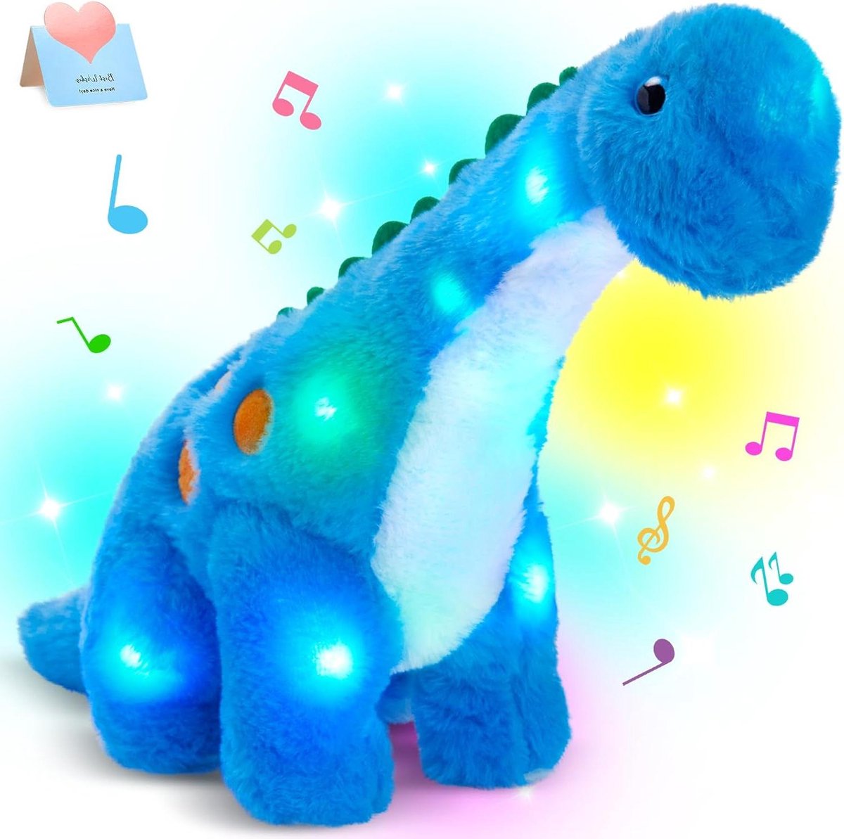 Muzikale Dinosaurus Knuffel - Pluche Dinosaurus Speelgoed - Baby Slaapliedjes Zingen - LED Lichtgevend - 35 cm - Blauw