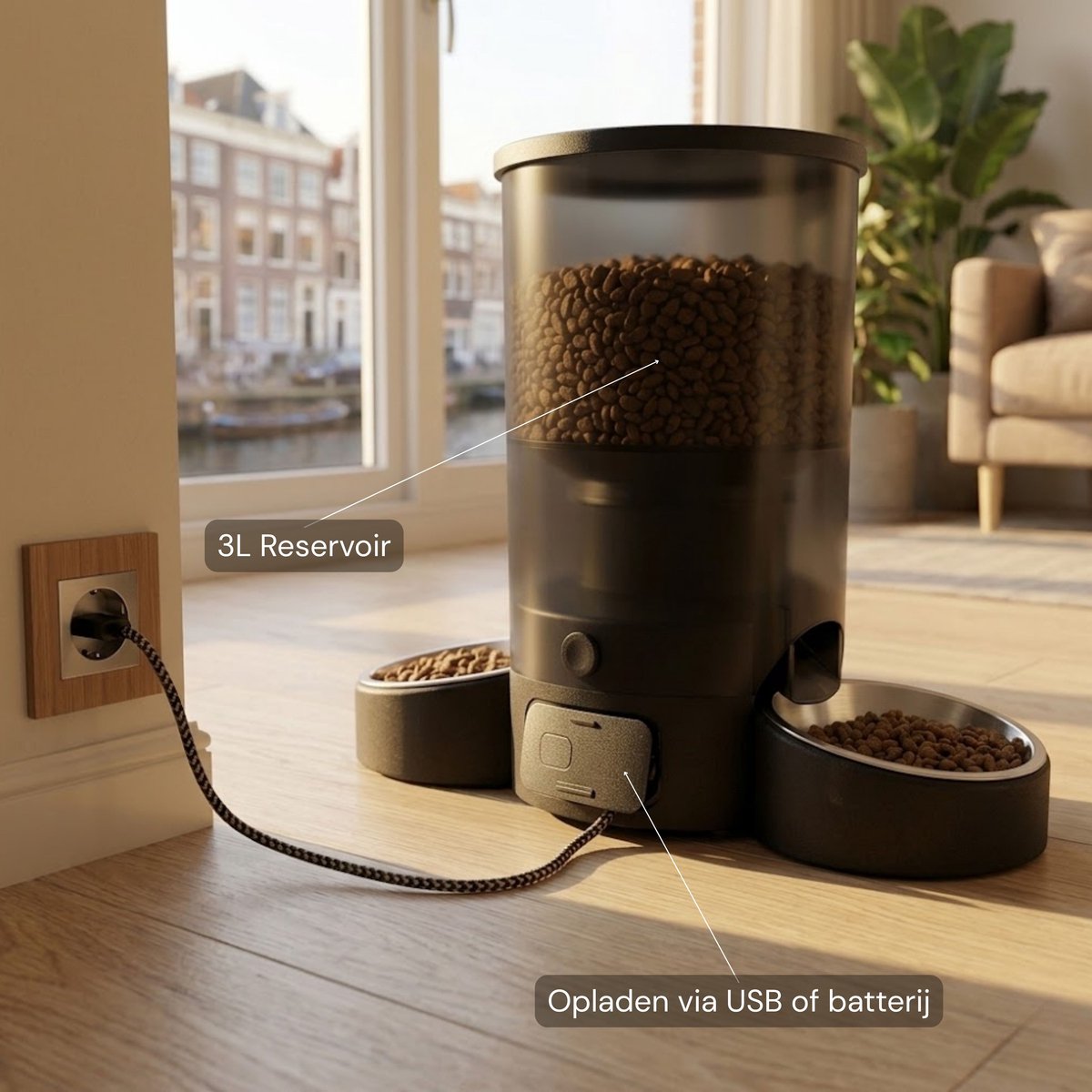 AnimalAesthetics Automatische Voerbak voor Kat & Hond Zwart– App-bediening, Twee Bakken van Roestvrijstaal, - Voerautomaat Kat 3L thumbnail 4