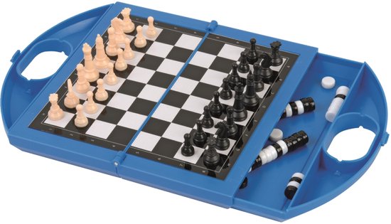 Blauw reisbordspel van schaken en dammen, magnetisch, met witte en zwarte stukken.