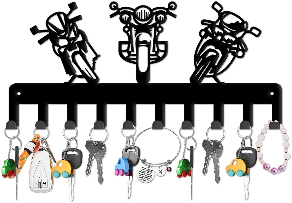 Dailygoods - Dailygoody - Motorfietsen Sleutelhouder - Sleutelhanger Organizer - Zwart Ijzer - Decoratieve Sleutelhaak - 10 Haken Wandmontage - Geschikt voor Tas K