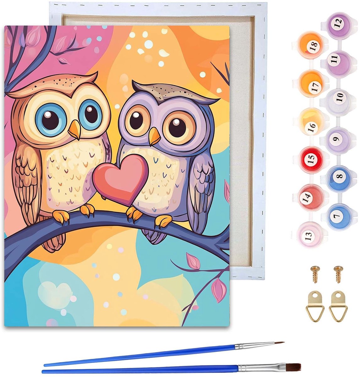 Dailygoods - Dailygoody - Schilderen op nummer - Uil - Voor volwassenen - 20 x 30 cm - Creatieve hobby - Perfect voor Valentijnsdag - Inclusief penseel en acrylverf