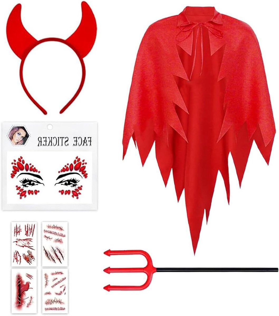 Feminien Duivelskostuum - Compleet Kostuum met Rode Duivel Cloak, Hoofdband, Drakenpunt, Trident en Littekens Stickers voor Halloween en Feestjes