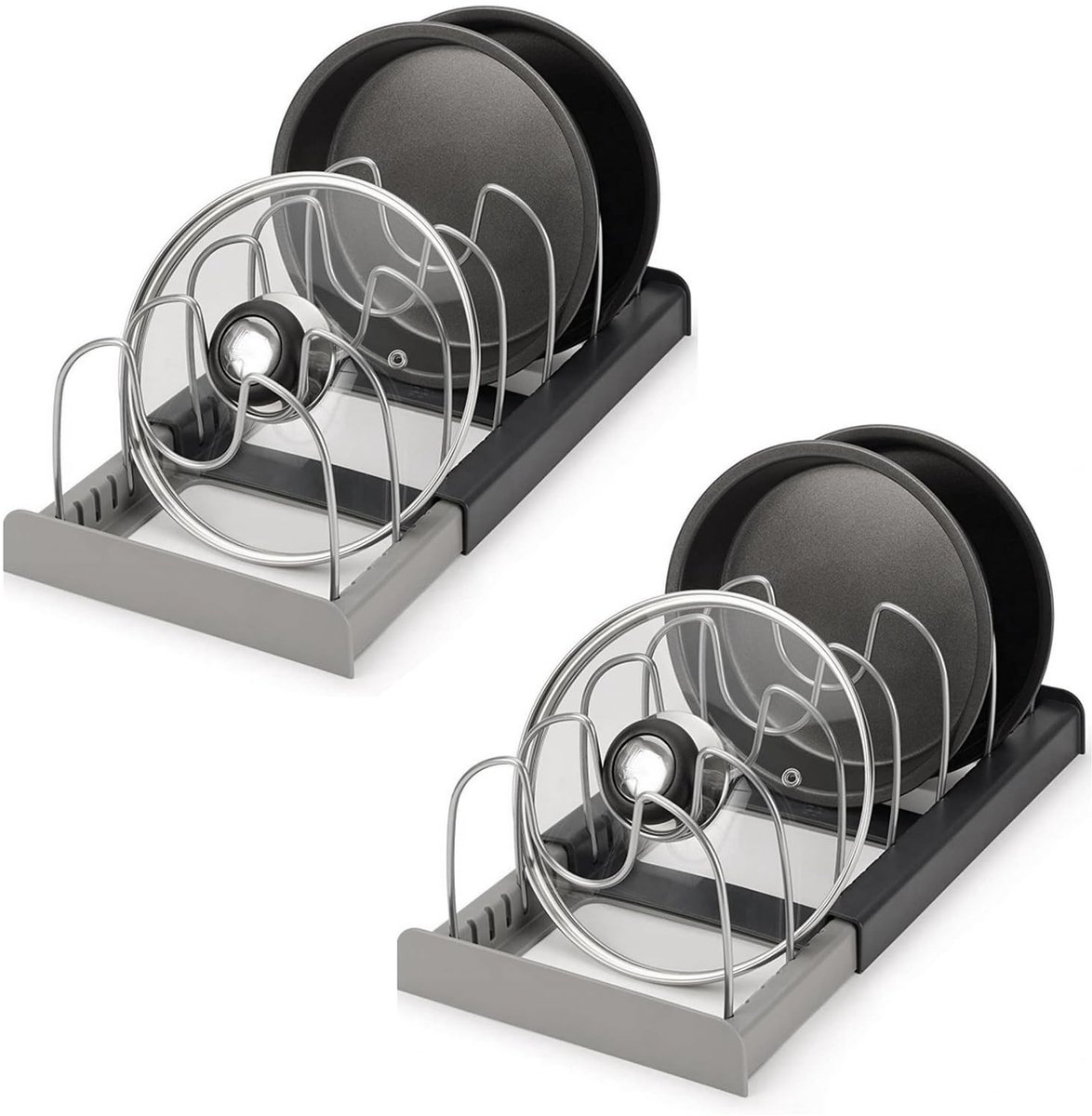 Dailygoods - Dailygoody - verstelbare pannendekselhouder - dekselorganizer keuken - uitbreidbare optie - zwart en grijs - perfect voor pannen en potten - 2 stuks