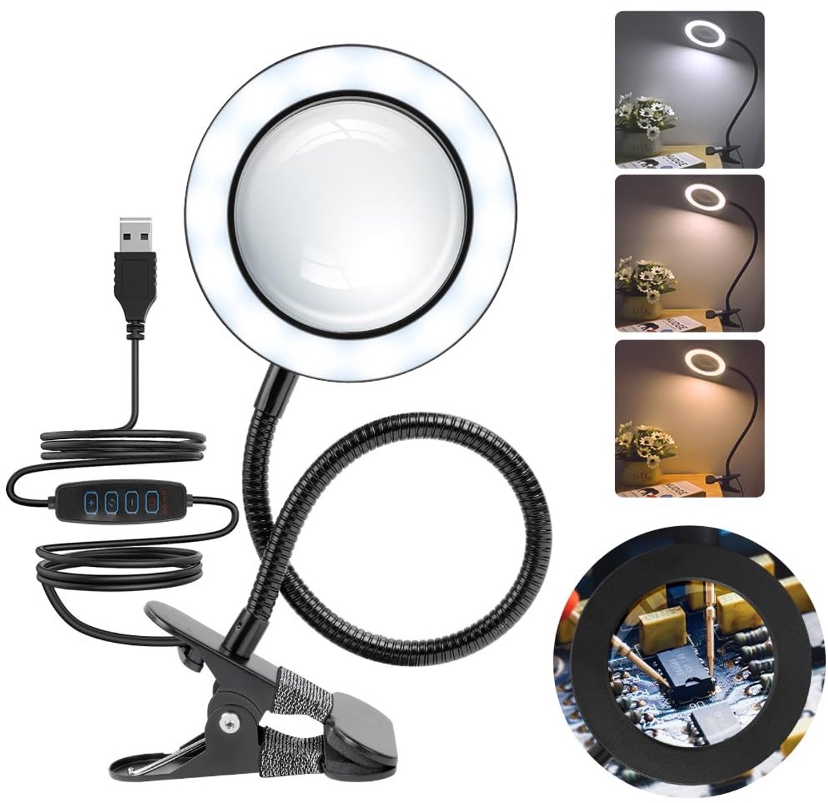 Dailygoods - Dailygoody - LED-vergrootglaslamp - 3x Vergroting - 360° Verstelbare Zwanenhals - 3 Kleuren Licht - Ideaal voor Naaien en Lezen - Desk Klamp