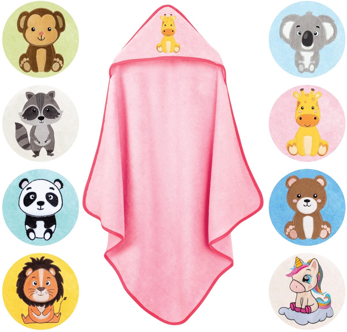 Dailygoods - Dailygoody - Handdoek met kap - Badhanddoek 100% katoen - Giraffe 80x80cm - Geschikt voor baby's en peuters - Donkerroze