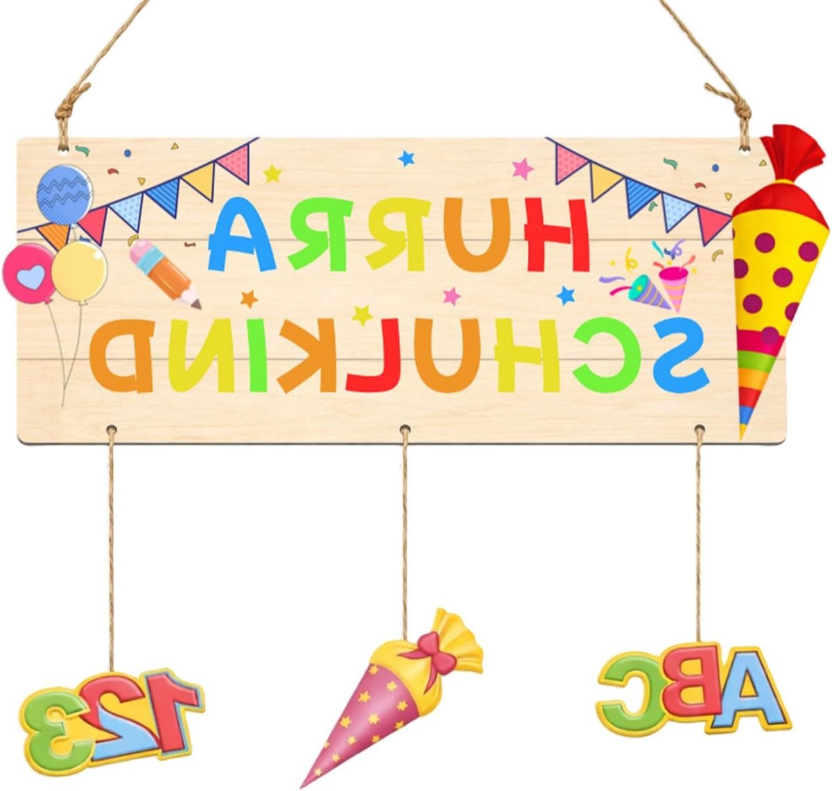 Houten deurbordje voor eerste schooldag - decoratie voor jongens en meisjes, feestelijke banner en wanddecoratie met ABC en 123, set voor schoolkind 2026