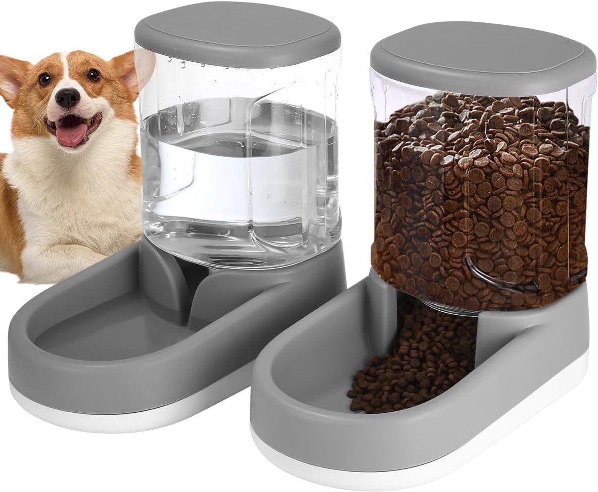 OLOEY Set van 2 automatische voer- en waterbakken voor honden en katten-met een inhoud van 3,8 liter-geschikt voor kleine-middelgrote en grote huisdieren-puppy's en kittensgrijs